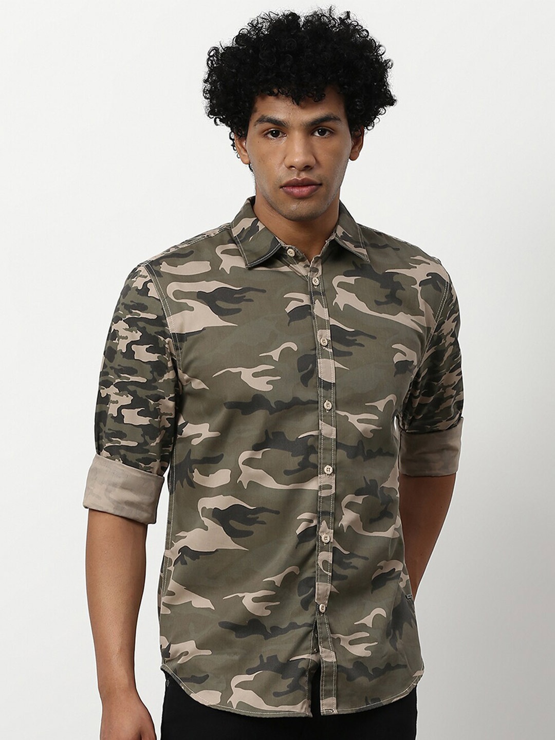 

abof Men Olive green Printed Spread Collar Casual Shirt