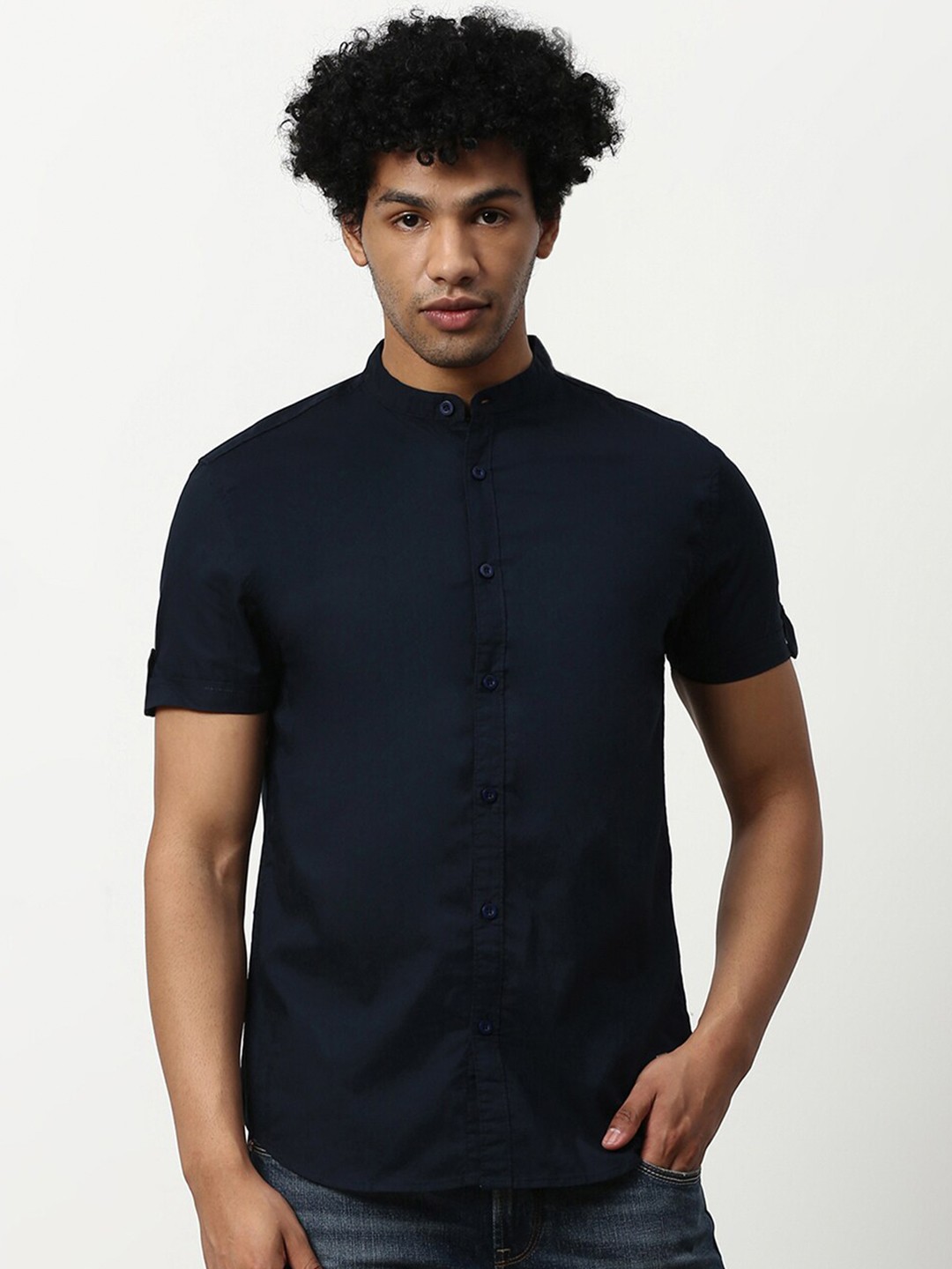 

abof Men Navy Blue Solid Mandarin Collar Casual Shirt