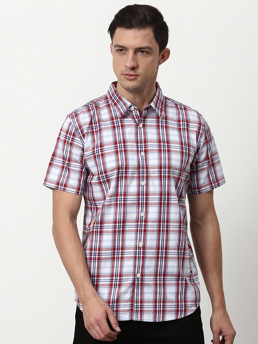 

abof Men White Tartan Checked Spread Collar Casual Shirt
