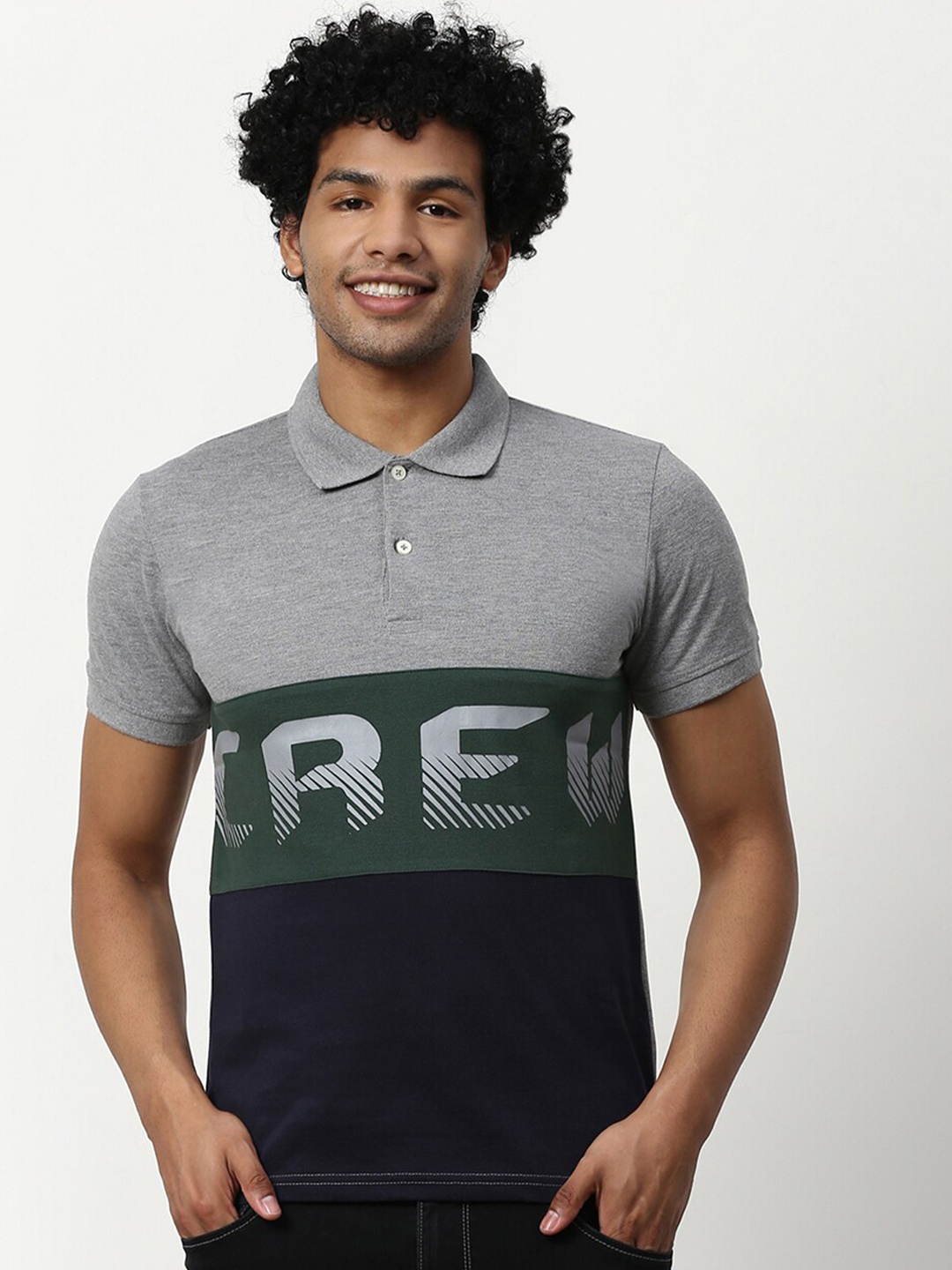 

abof Men Grey Printed Polo Collar Slim Fit T-shirt