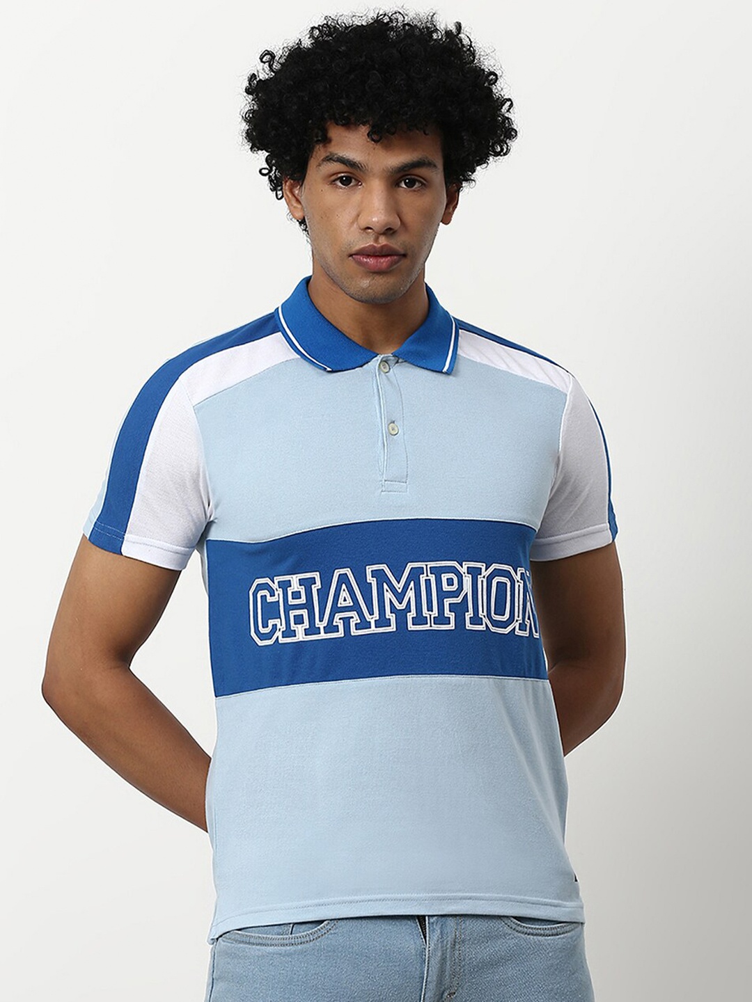 

abof Men Blue Colourblocked Polo Collar Slim Fit Cotton T-shirt