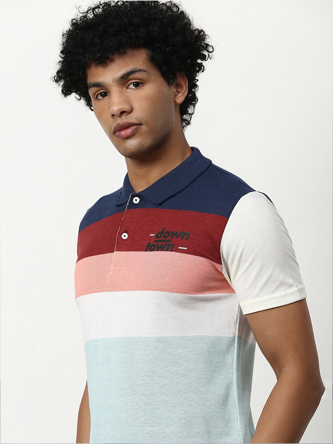 

abof Men Blue & Maroon Colourblocked Polo Collar Slim Fit T-shirt