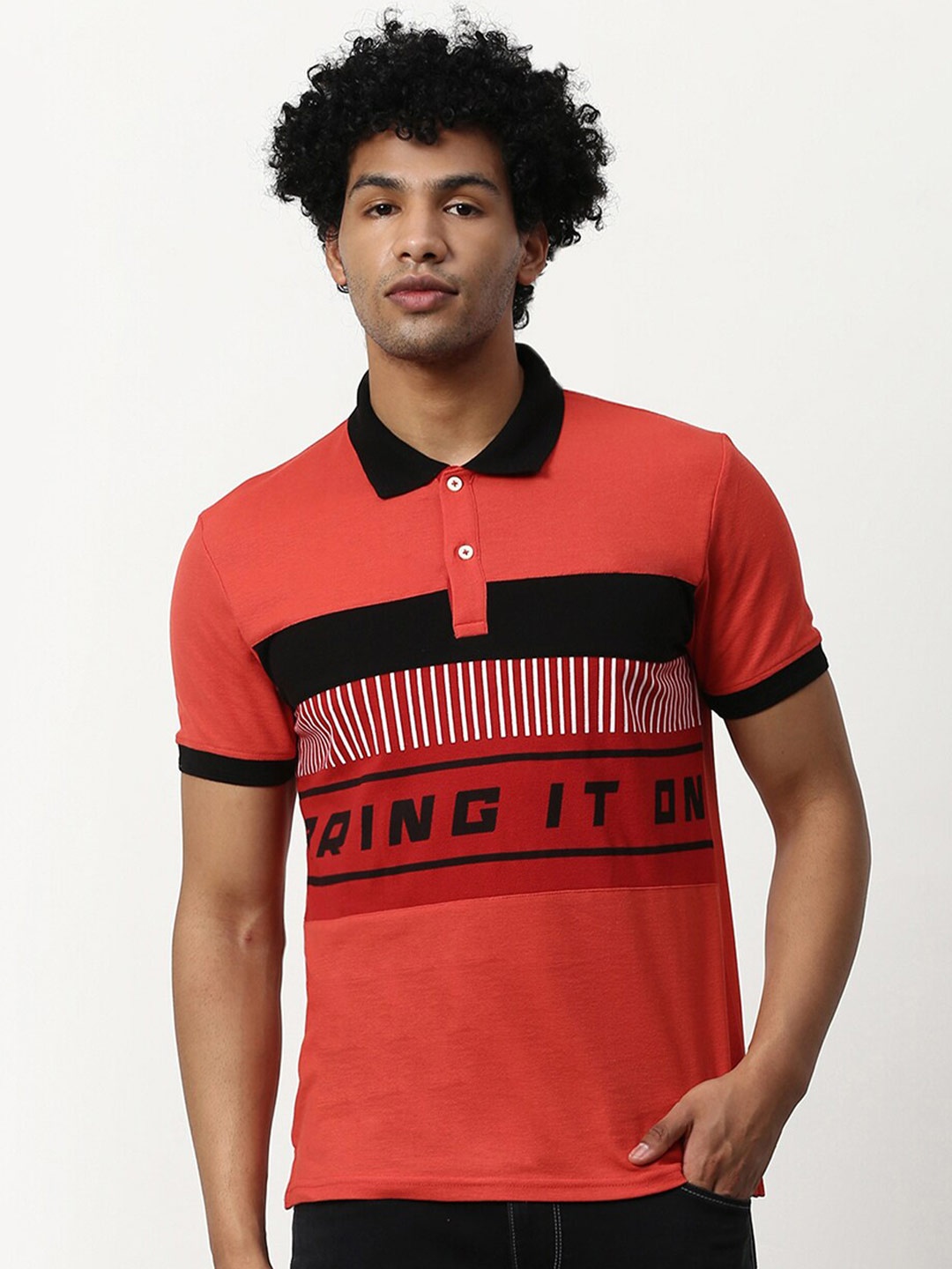 

abof Men Red & Black Typography Printed Polo Collar Slim Fit Cotton T-shirt