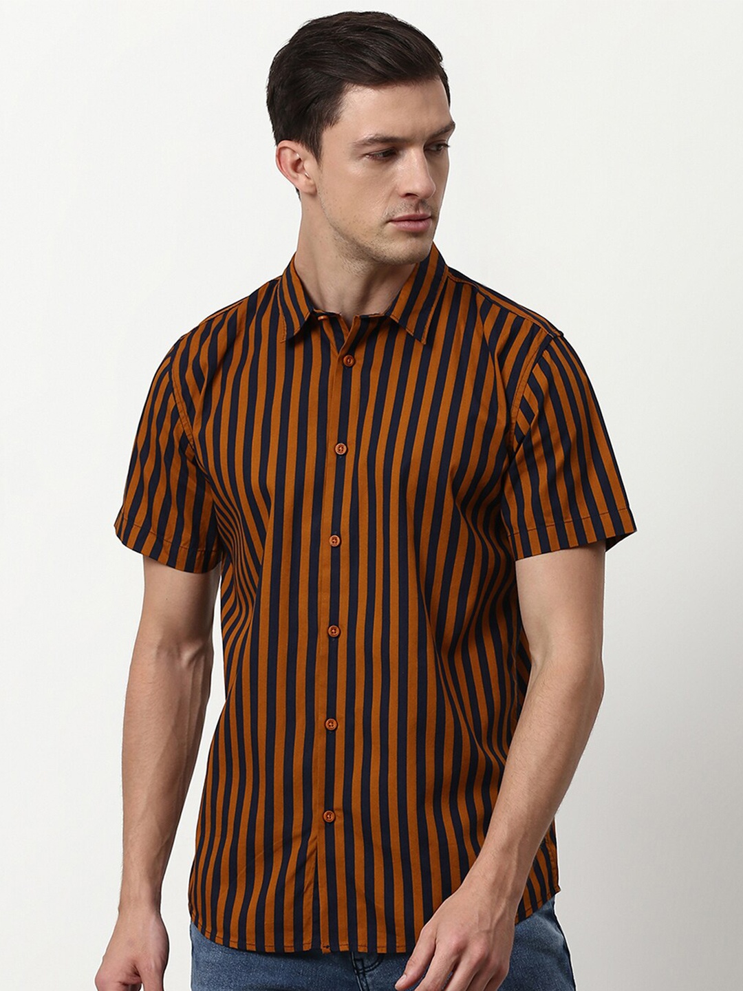 

abof Men Brown & Black Striped Casual Shirt