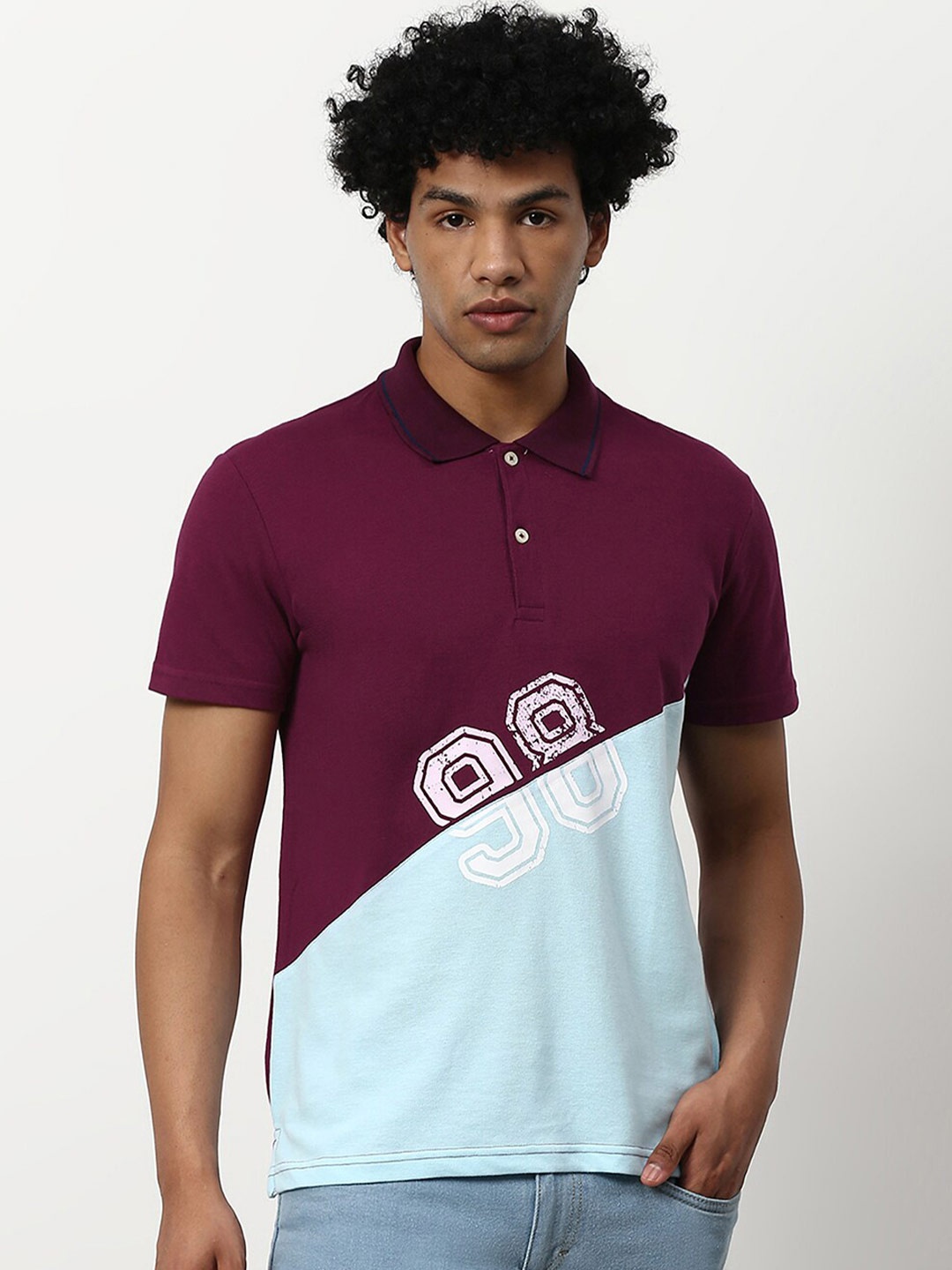 

abof Men Purple & Blue Colourblocked Polo Collar Slim Fit Cotton T-shirt