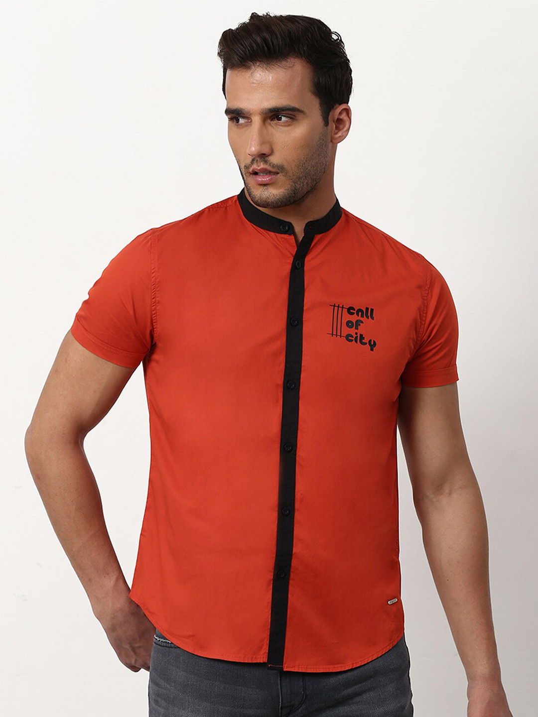 

abof Men Red Solid Mandarin Collar Casual Shirt