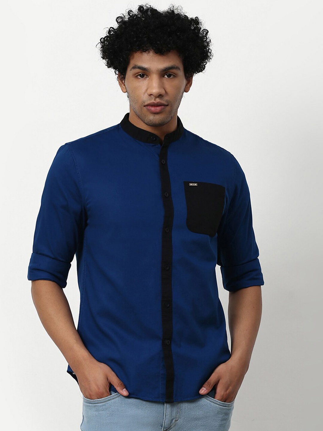 

abof Men Blue Solid Mandarin Collar Casual Shirt