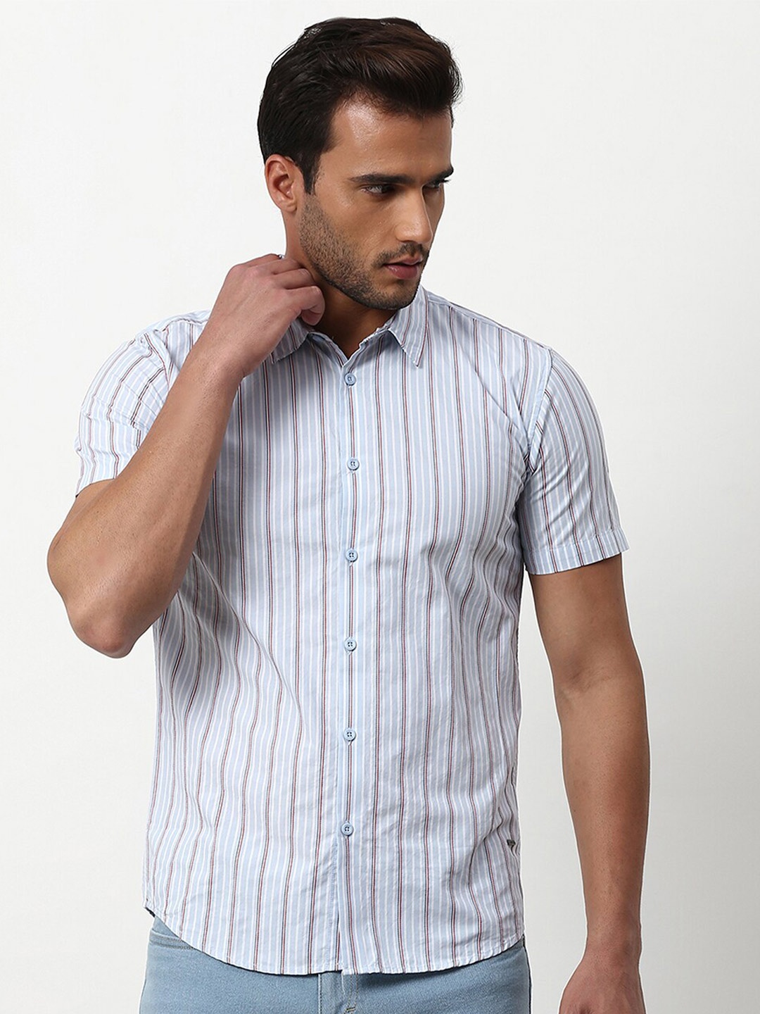 

abof Men Blue Striped Spread Collar Casual Regular Fit Shirt