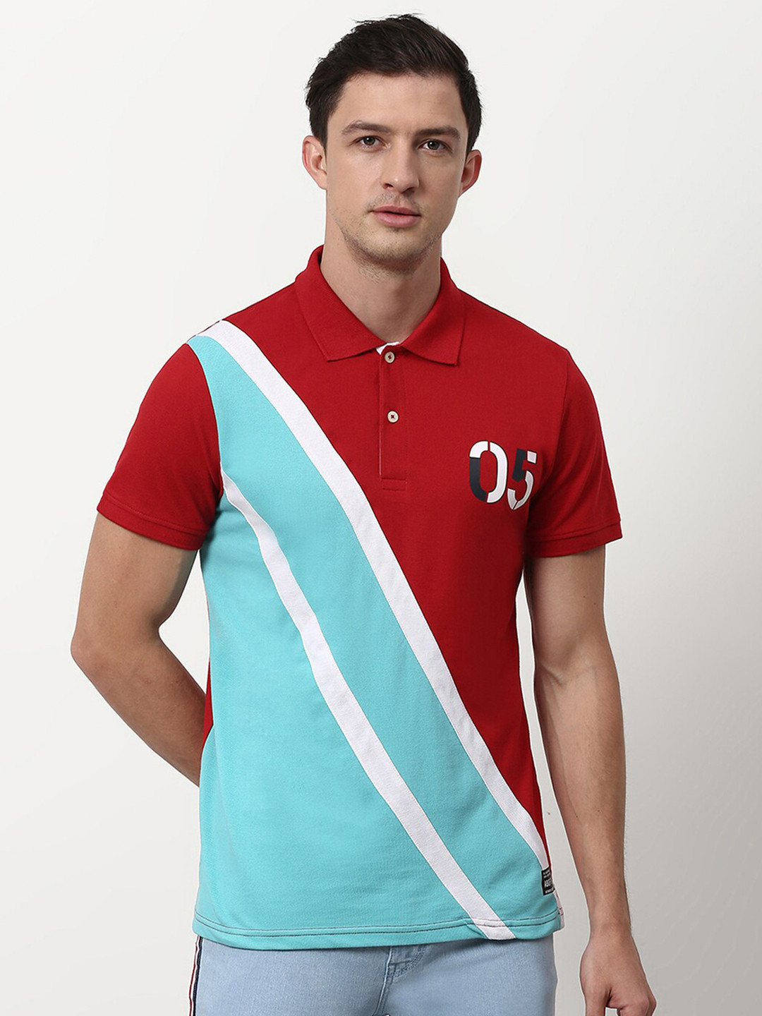 

abof Men Red & Blue Colourblocked Polo Collar Slim Fit Cotton T-shirt