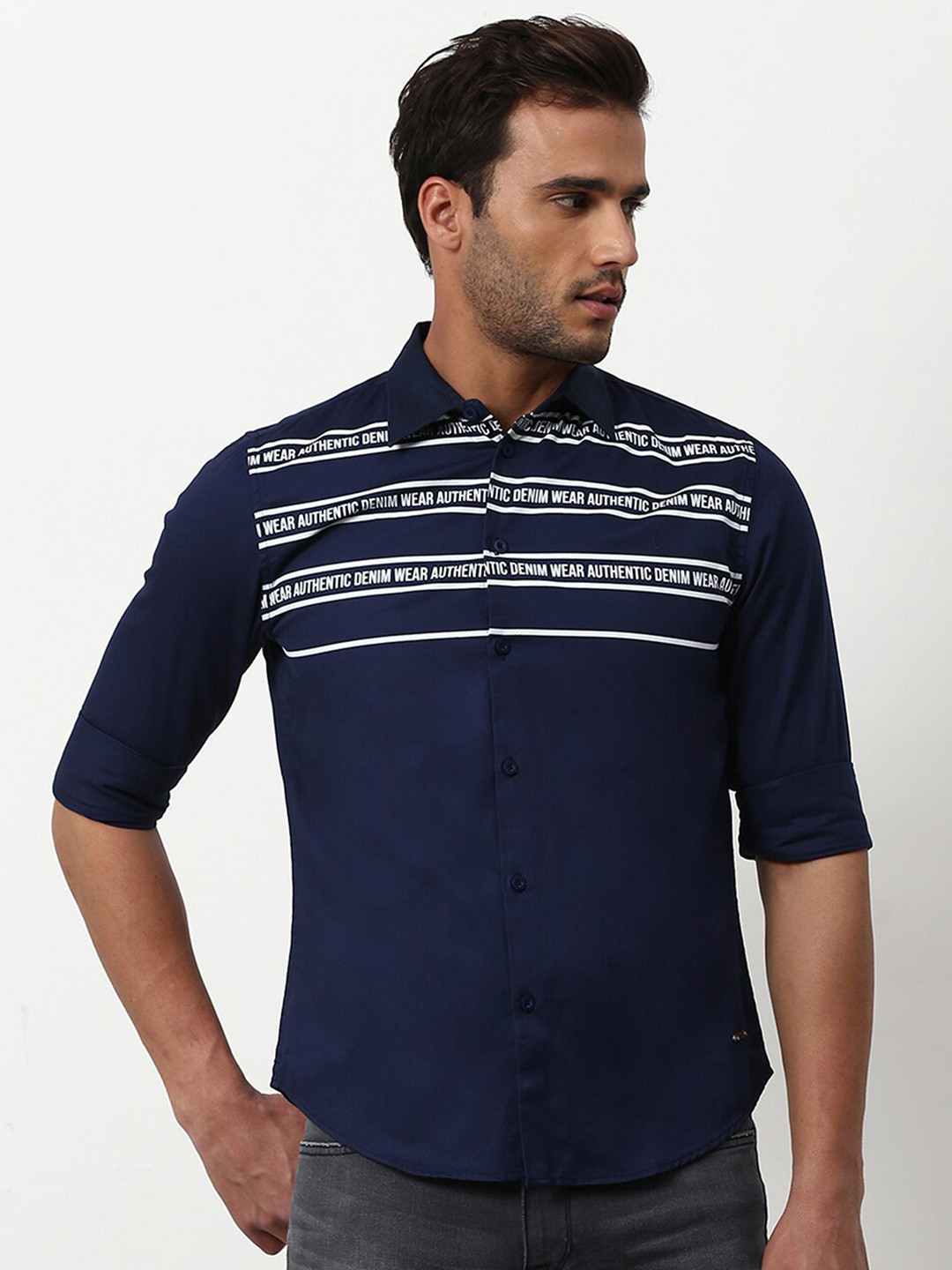 

abof Men Navy Blue Printed Casual Regular Fit Shirt