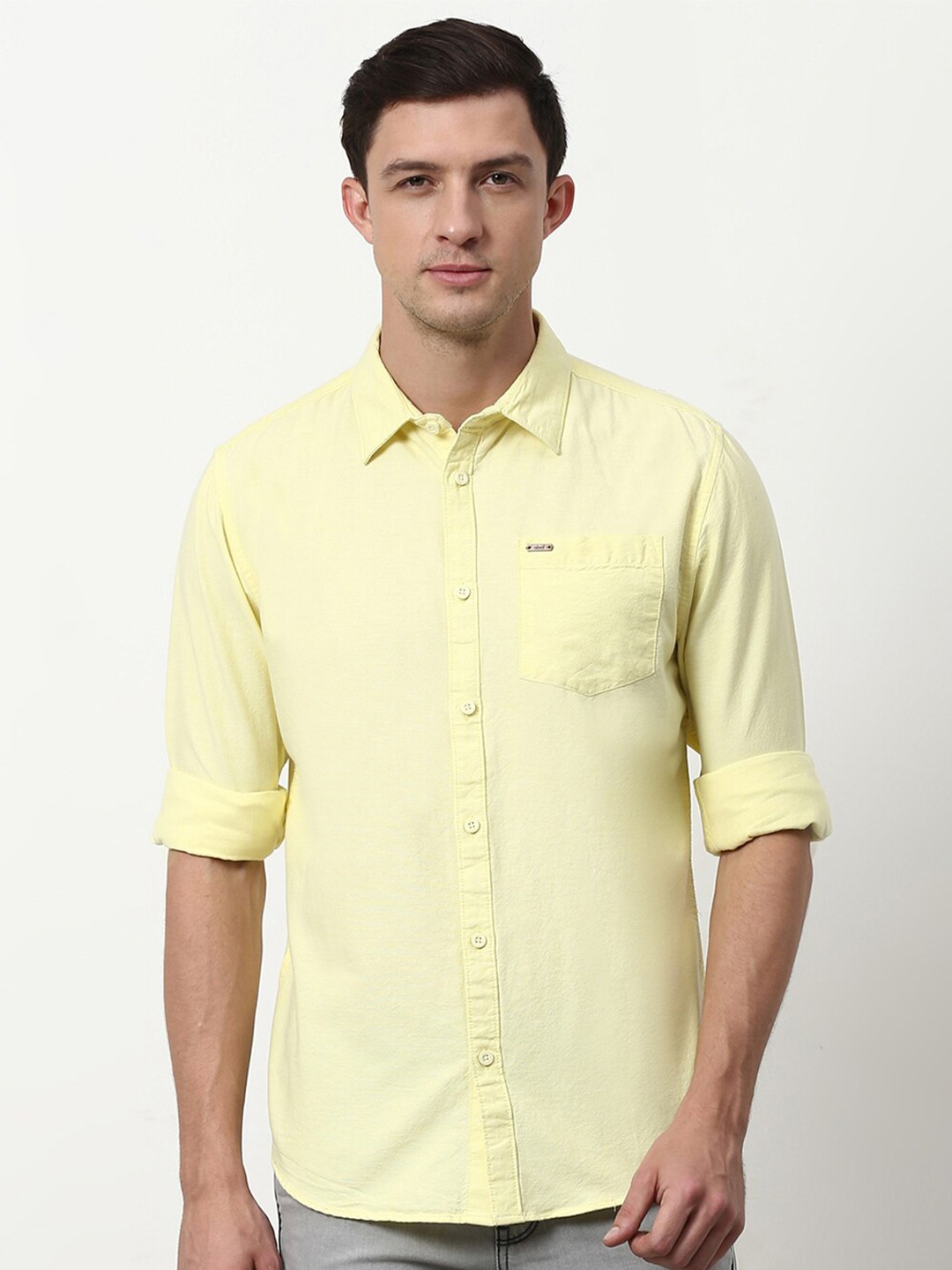 

abof Men Yellow Solid Cotton Casual Regular Fit Shirt
