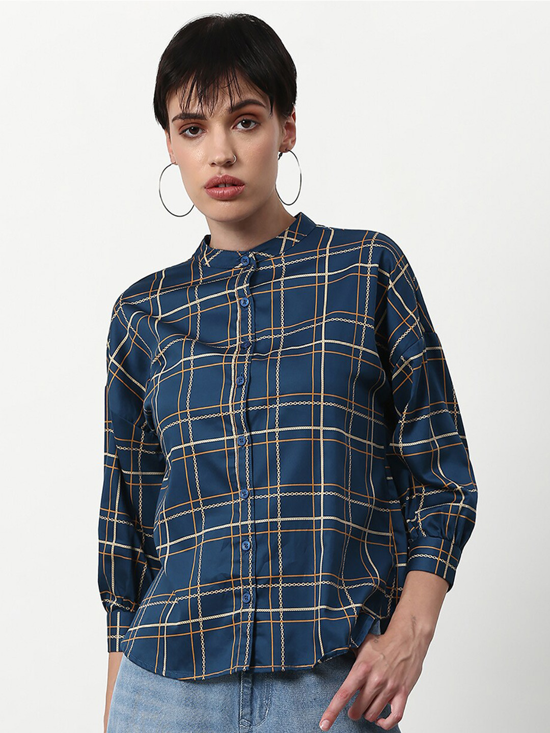 

abof Navy Blue & Beige Checked Mandarin Collar Shirt Style Top