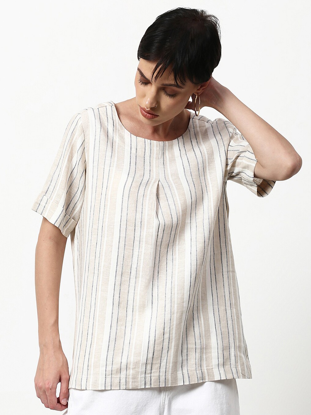 

abof Beige & White Striped Roll-Up Sleeves Top