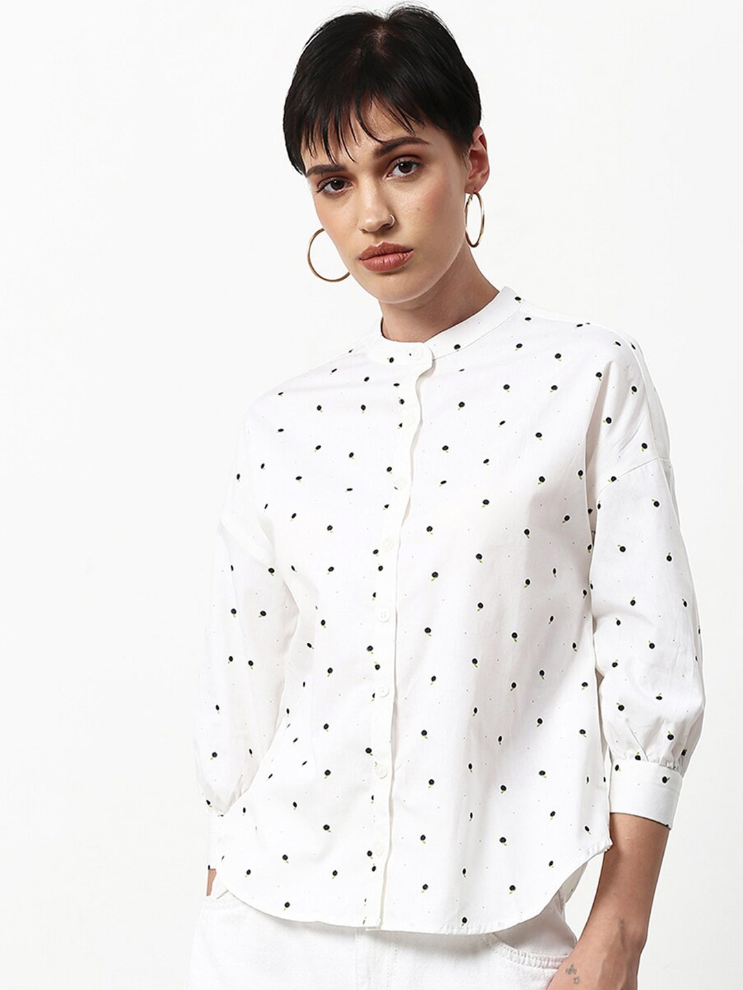 

abof White & Black Print Mandarin Collar Shirt Style Top