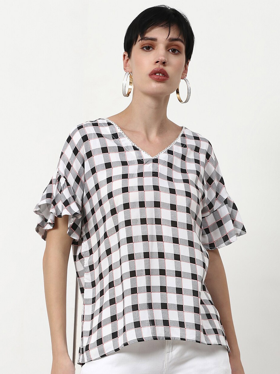 

abof White & Black Checked V-Neck Top