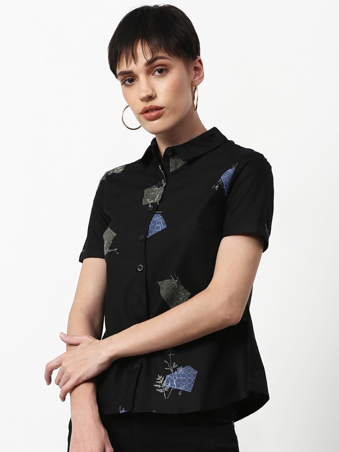 

abof Black & Blue Print Shirt Style Top