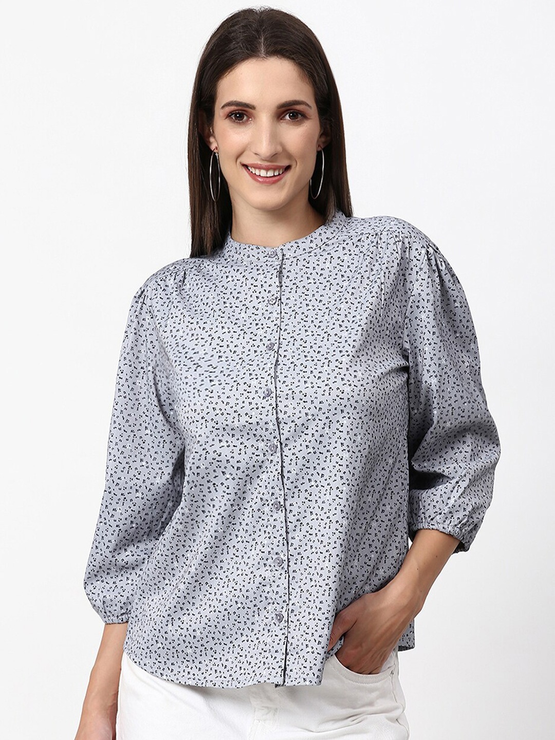 

abof Women Grey Printed Mandarin Collar Top