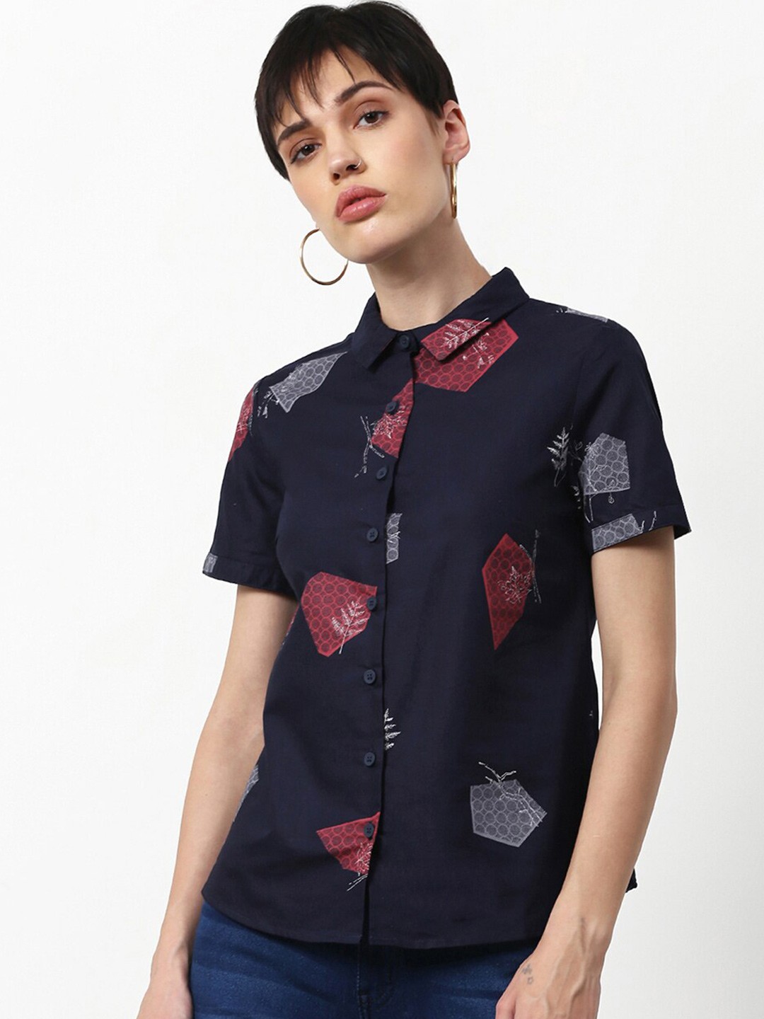 

abof Navy Blue & Rust Floral Shirt Style Top