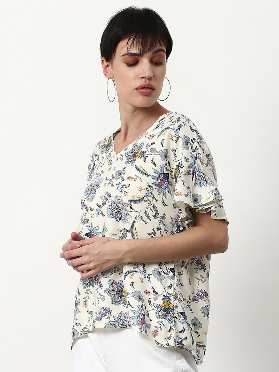 abof Off White & Blue Floral Print Top