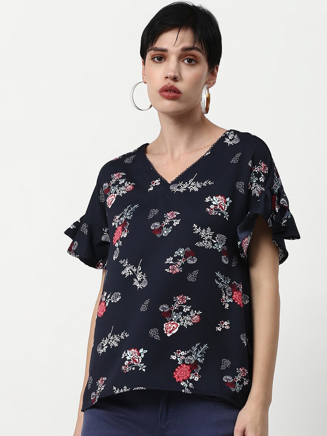 

abof Navy Blue & White Floral Print Top