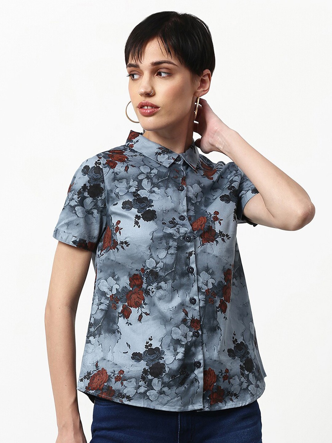 

abof Blue & Rust Floral Print Shirt Style Top