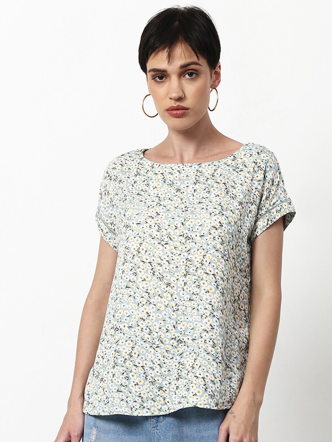 

abof Women Off White Floral Print Round Neck Top