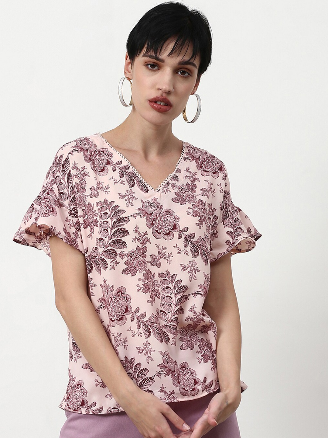 

abof Women Pink Floral Print V-Neck Top