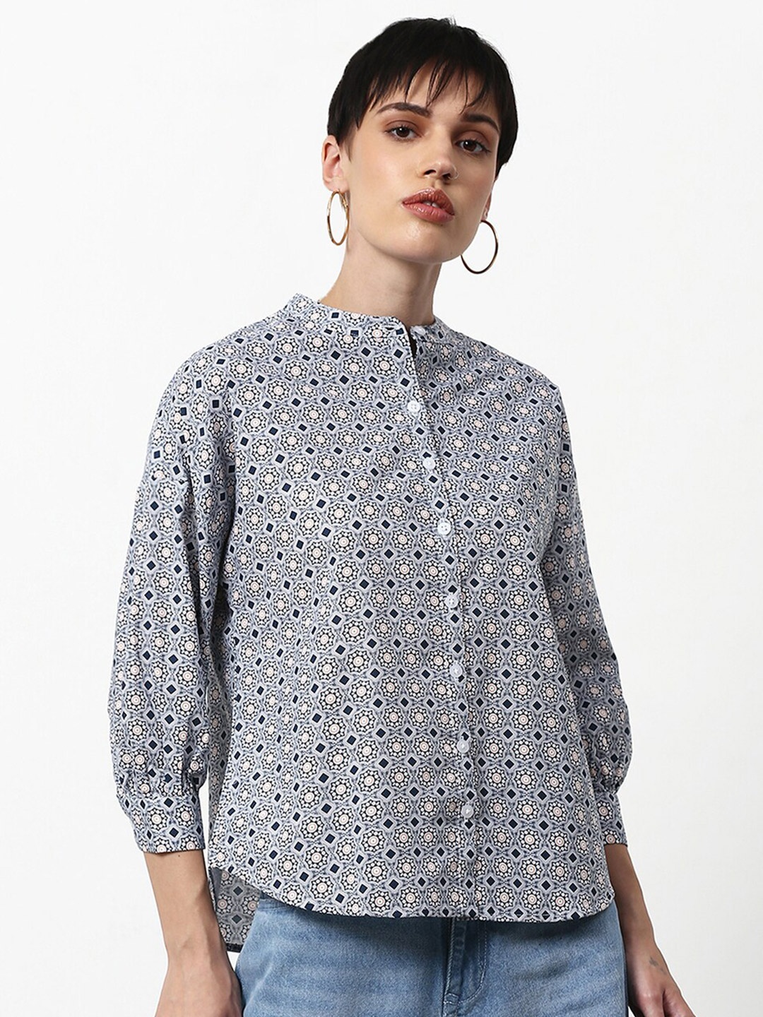 

abof Women Blue Print Mandarin Collar Pure Cotton Top