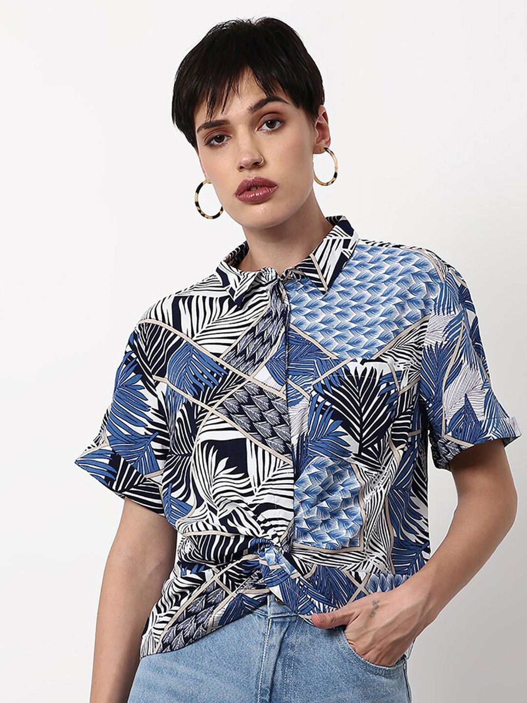 

abof Women Blue & White Print Twisted Shirt Style Top