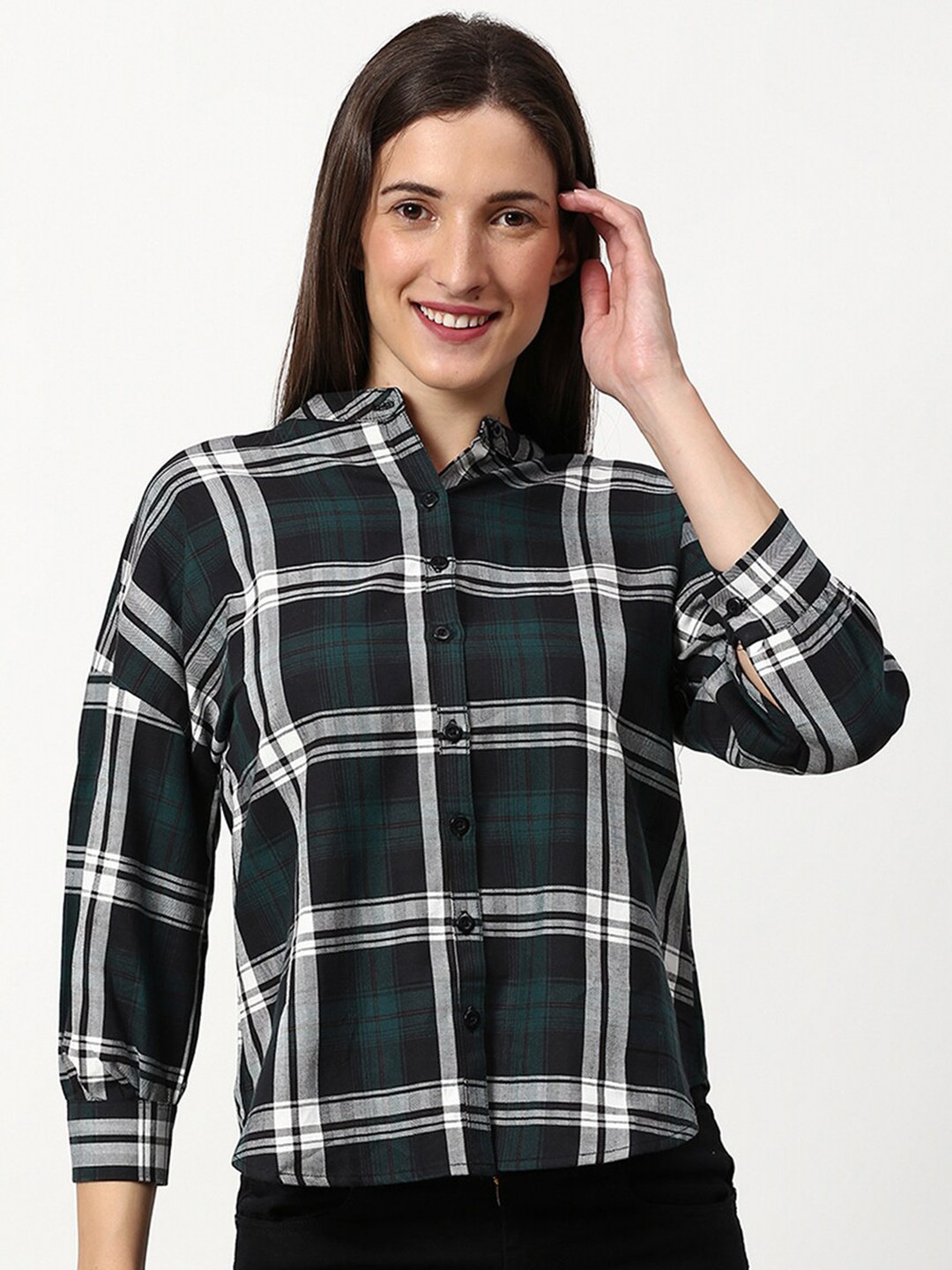 

abof Women Green & Black Checked Mandarin Collar Top