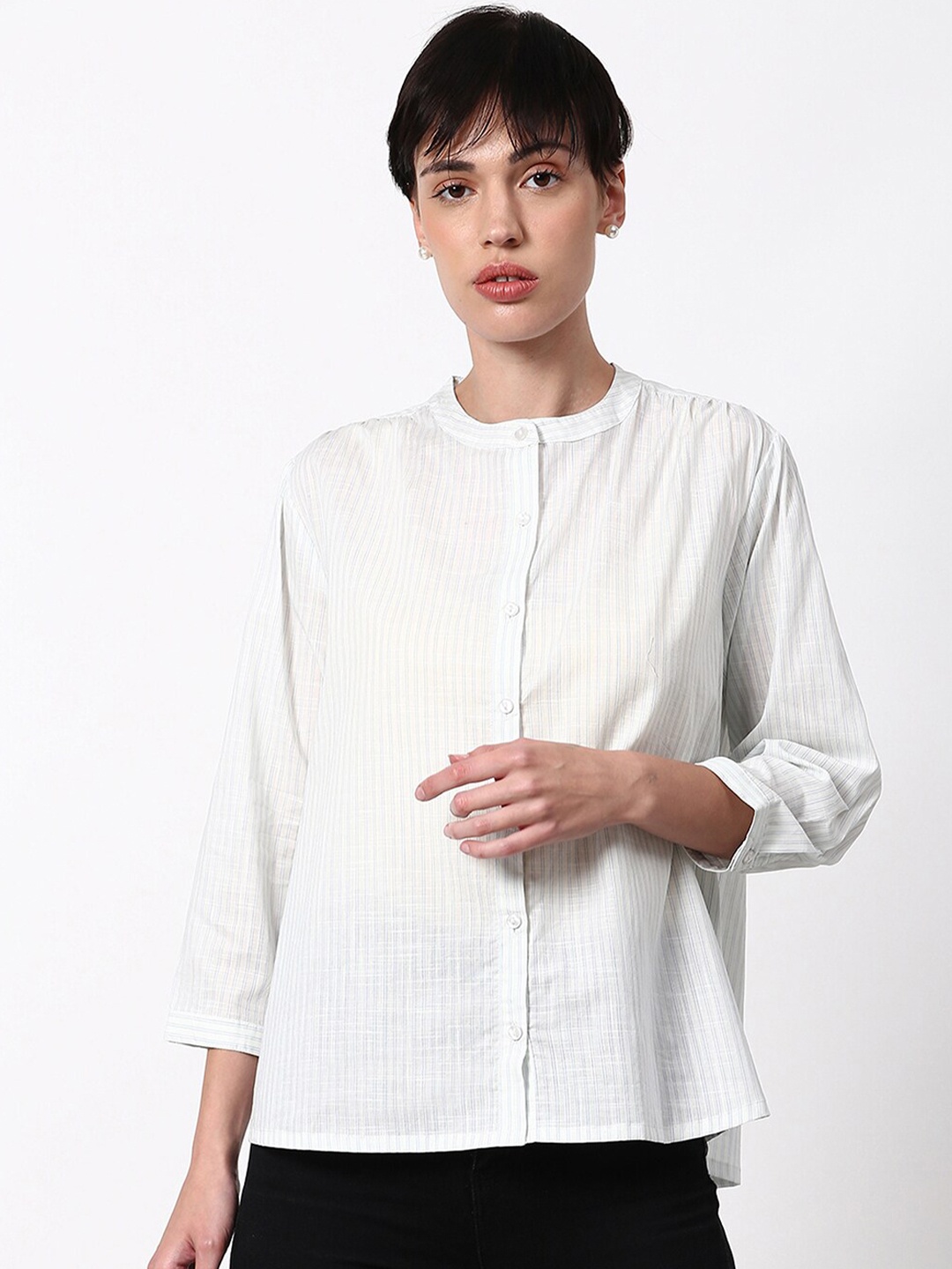 

abof Women White Striped Mandarin Collar Top