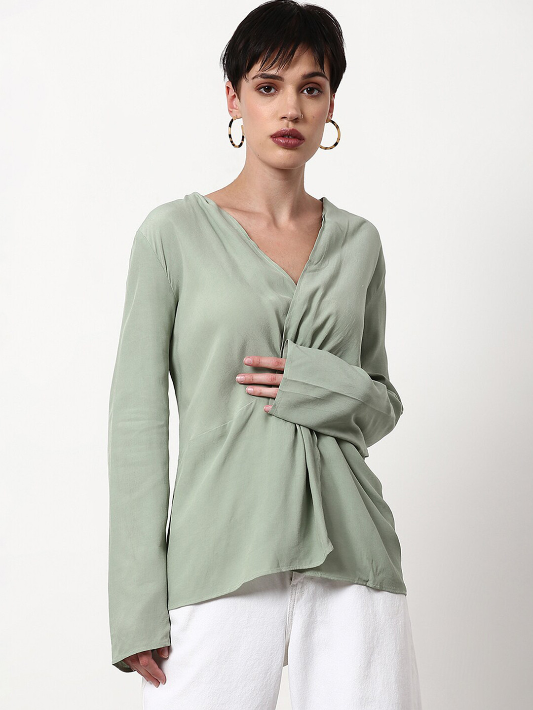 

abof Olive Green Twisted Wrap Solid V-Neck Top