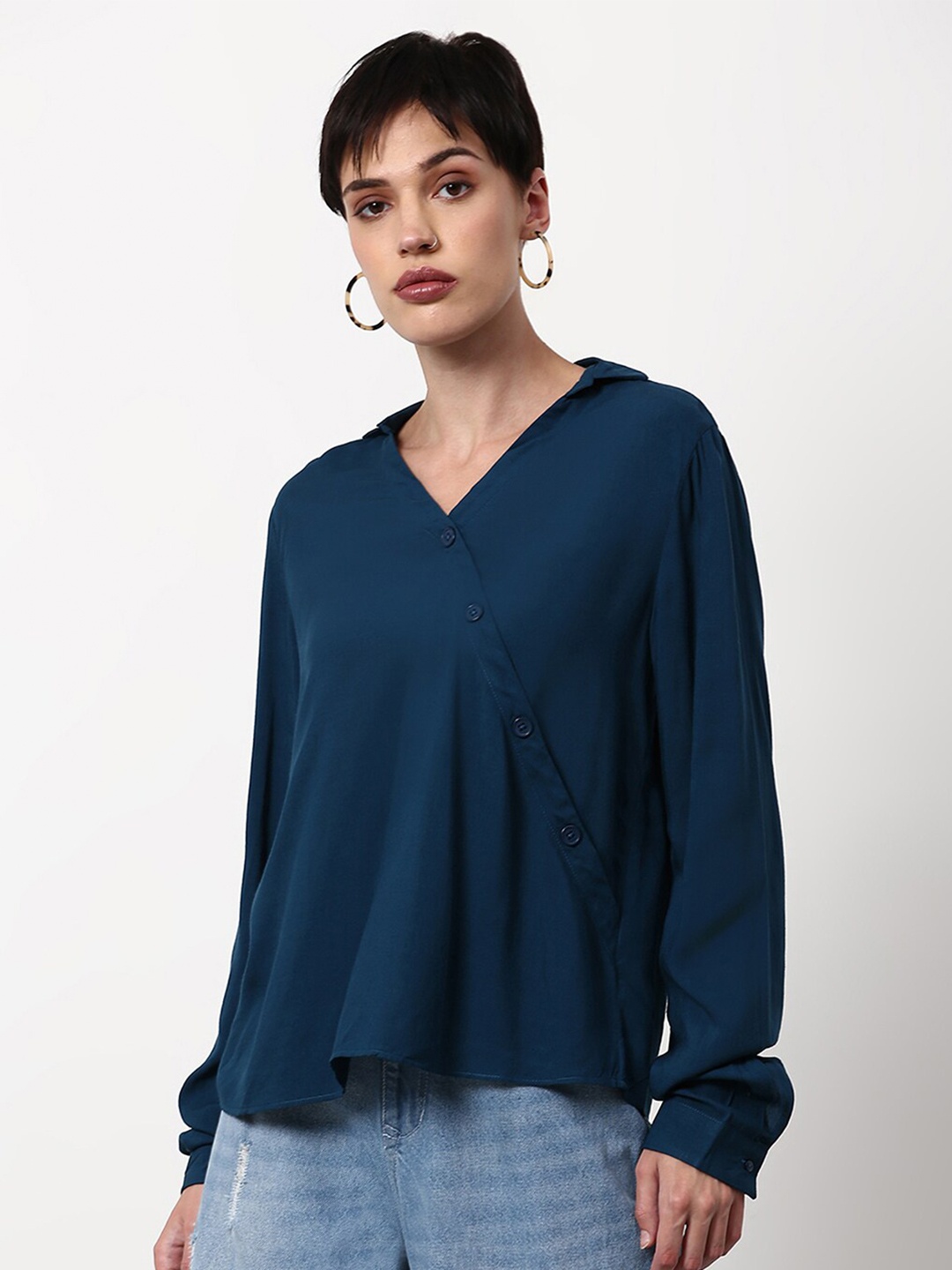 

abof Women Navy Blue Shirt Collar Wrap Top