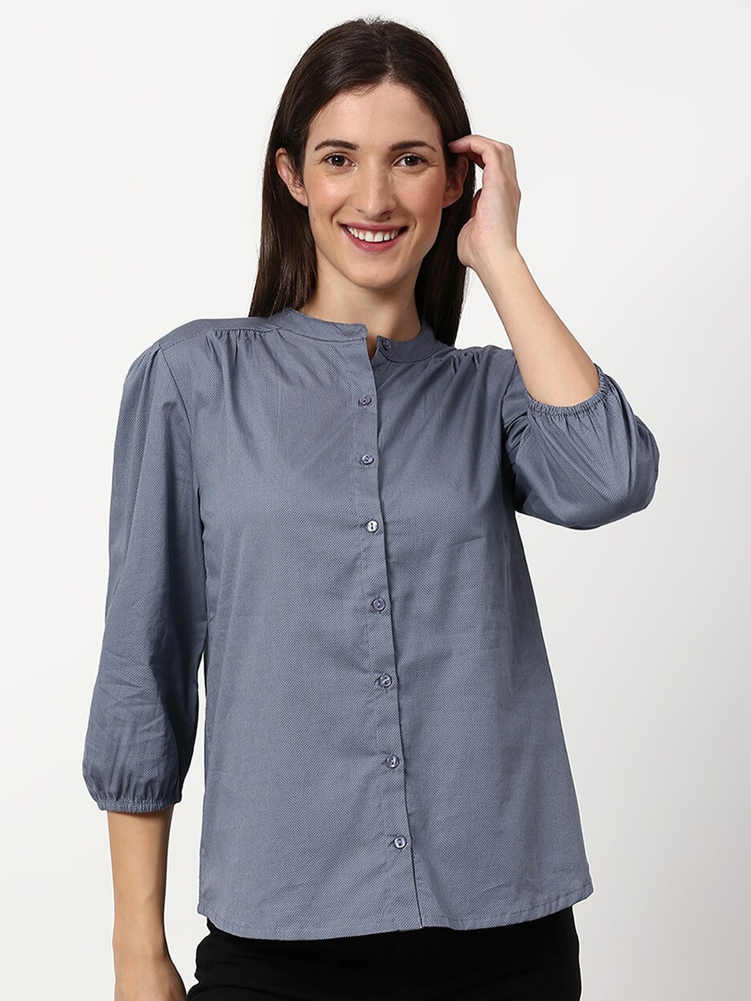 

abof Women Blue Solid Mandarin Collar Shirt Style Pure Cotton Top