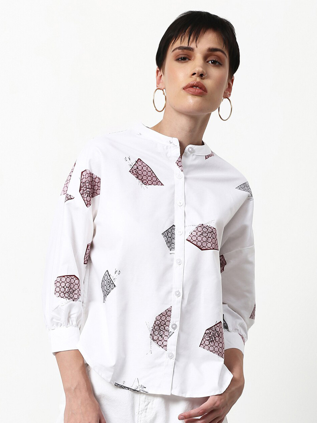 

abof Women White Print Mandarin Collar Top