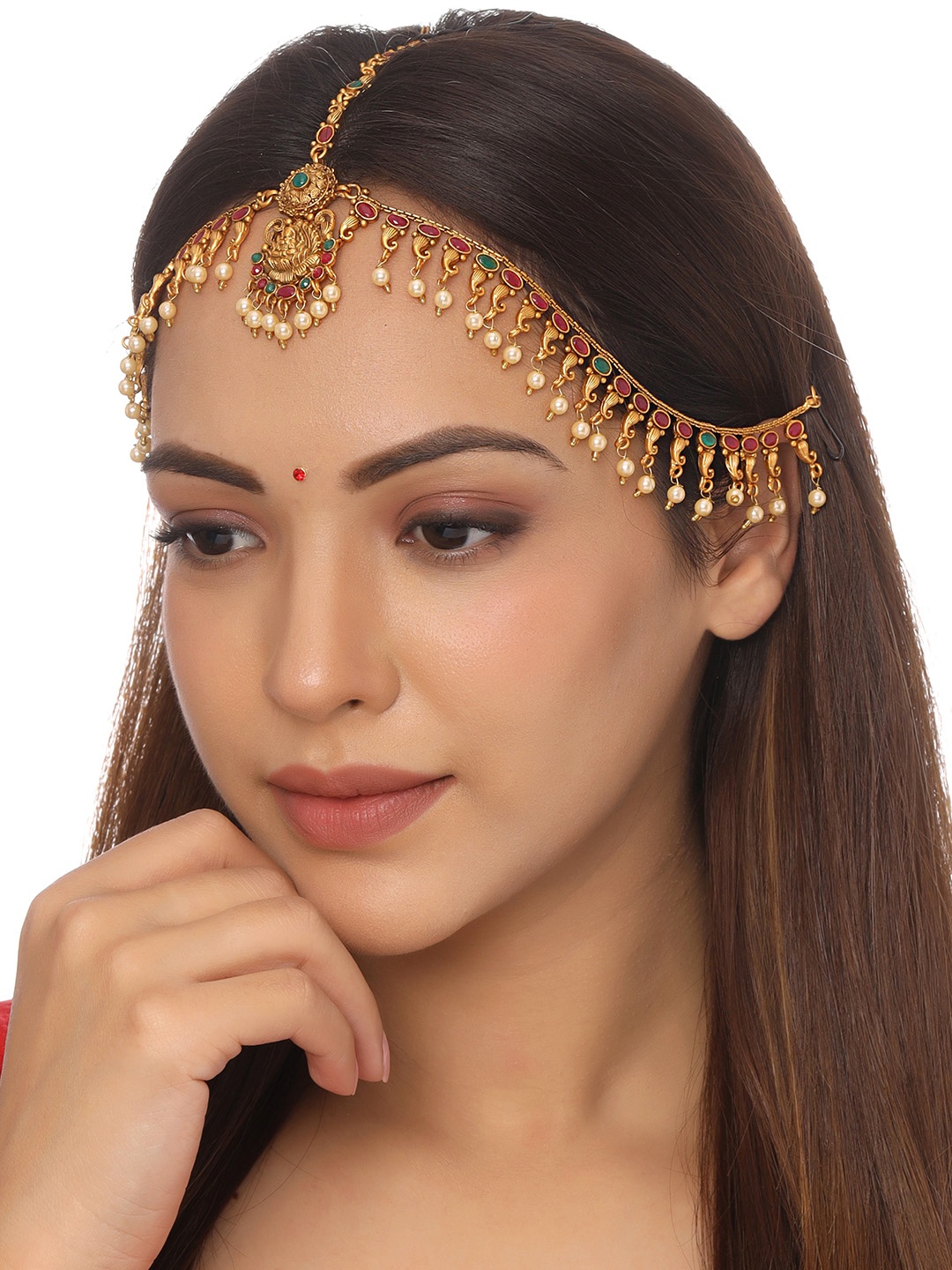 

Yellow Chimes Gold-Plated Stone-Studded & Beaded Temple Bridal Traditional Mathapatti