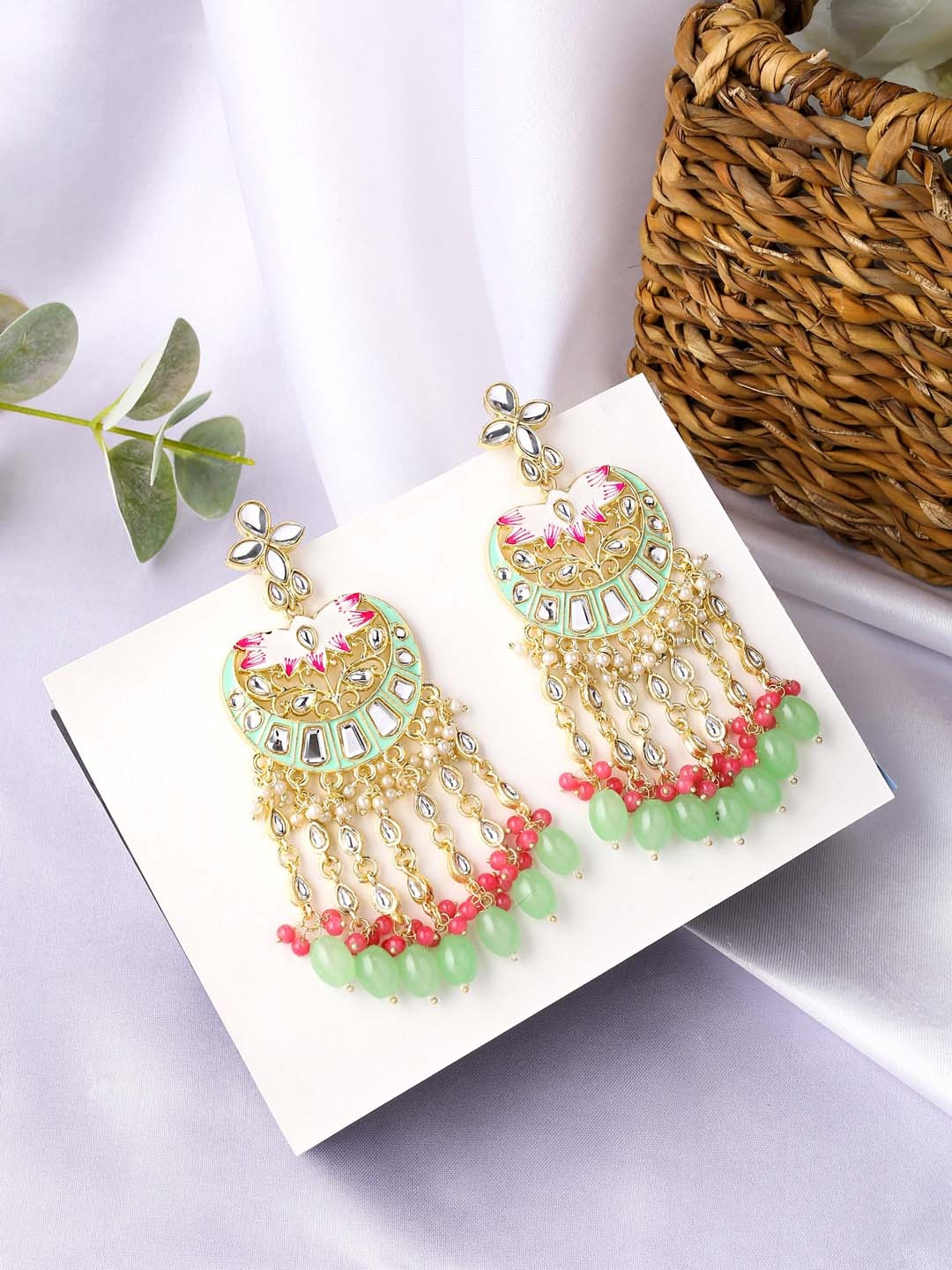 

Yellow Chimes Gold Toned Kundan Studded Green Beads Long Dangler Earrings