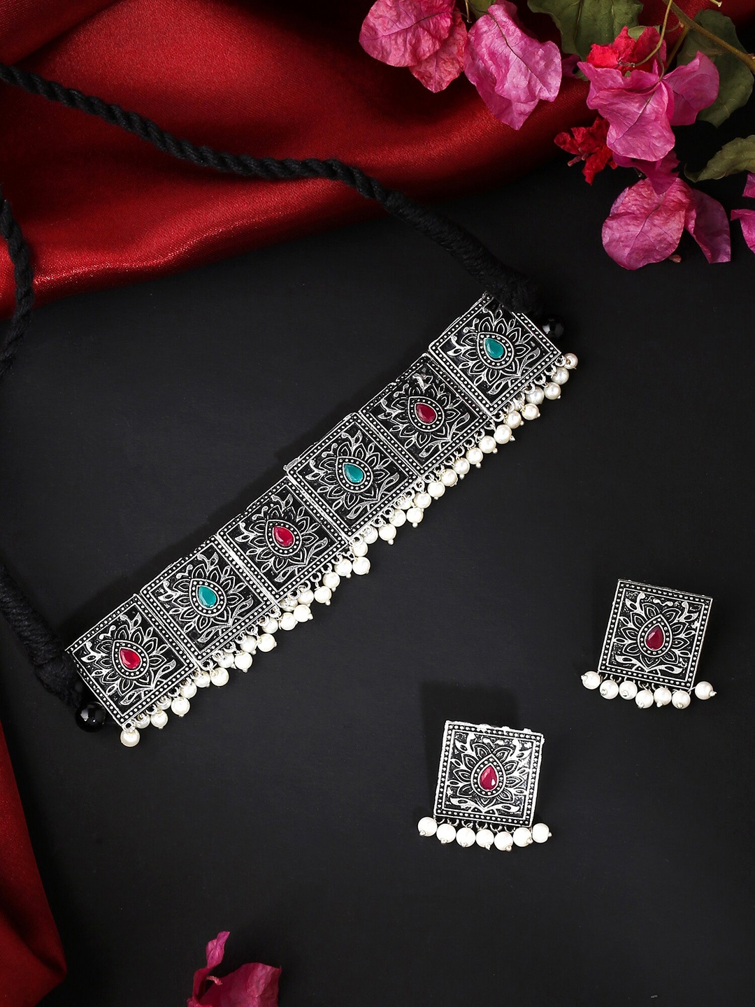 

Yellow Chimes Silver-Plated Green & White Square Stone Studded Oxidised Jewellery Set