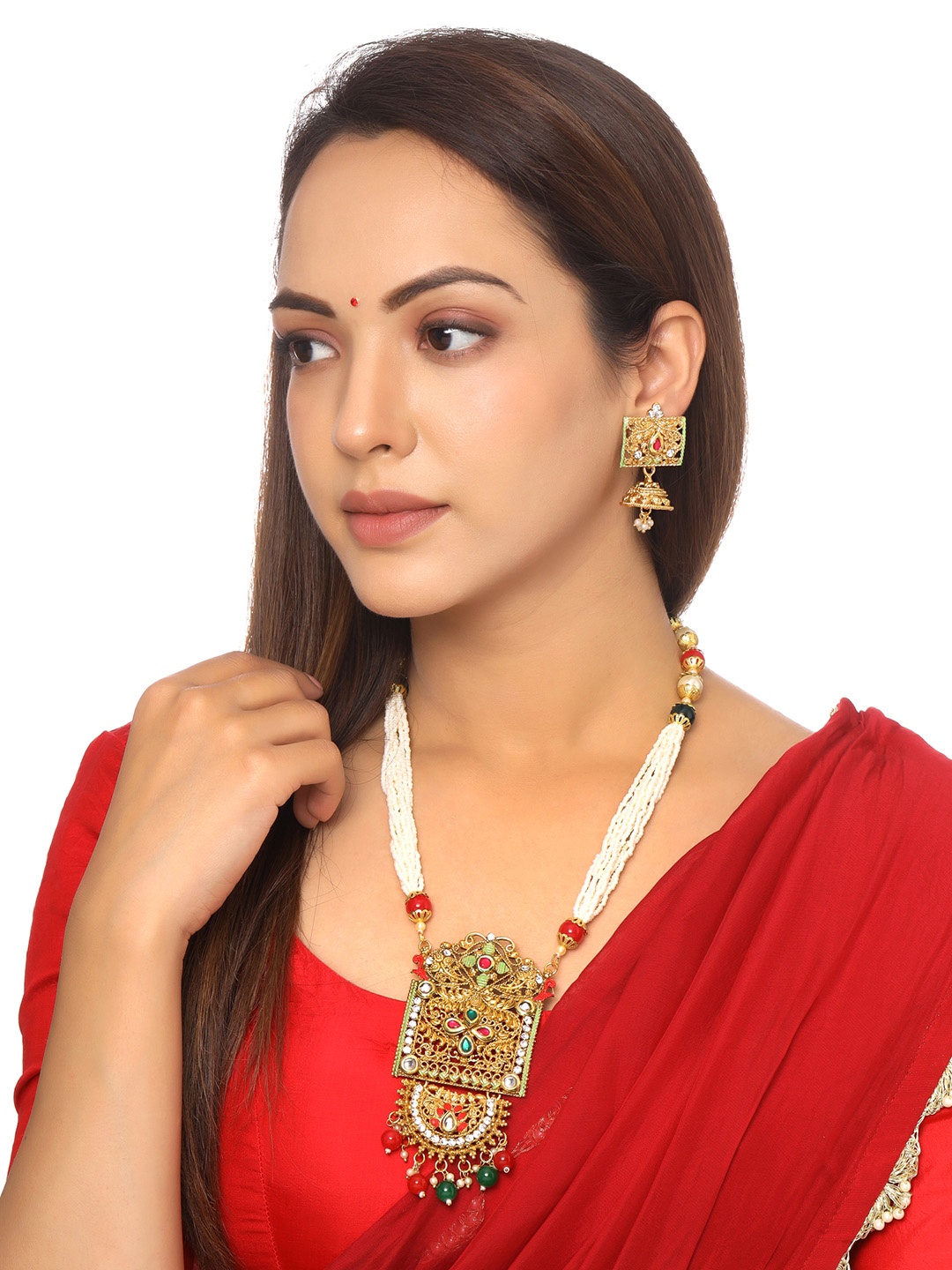 

Yellow Chimes Gold-Plated White & Green Long Kundan Beaded Charm Jewellery set