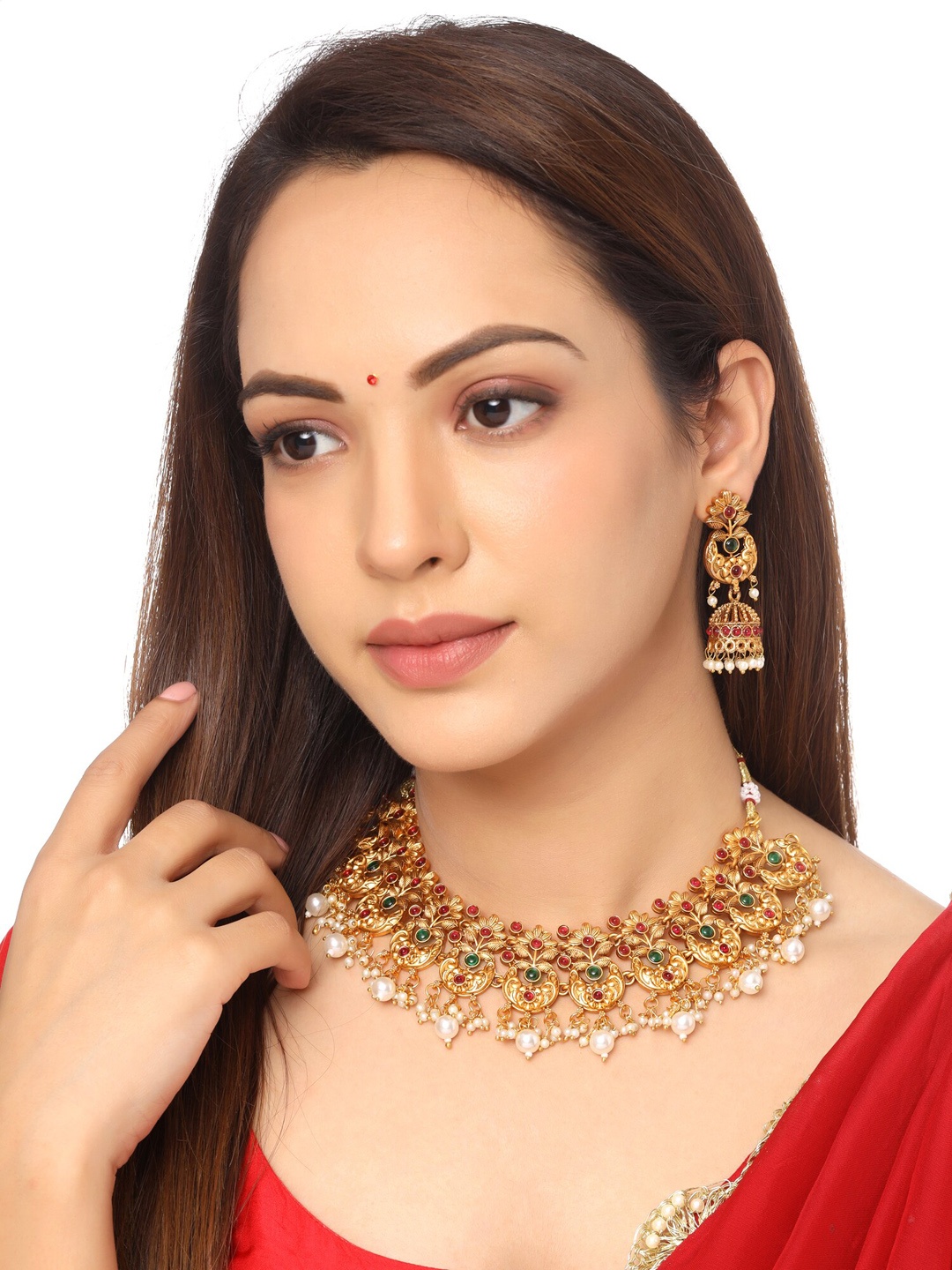 

Yellow Chimes Gold Plated Pink & Green Stone Studded Floral Designed Choker Jewellery Set