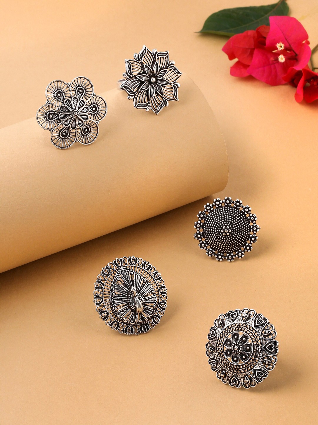 

Yellow Chimes Set of 5 Pcs Silver Oxidised Floral Designed Charm Adjustable Rings