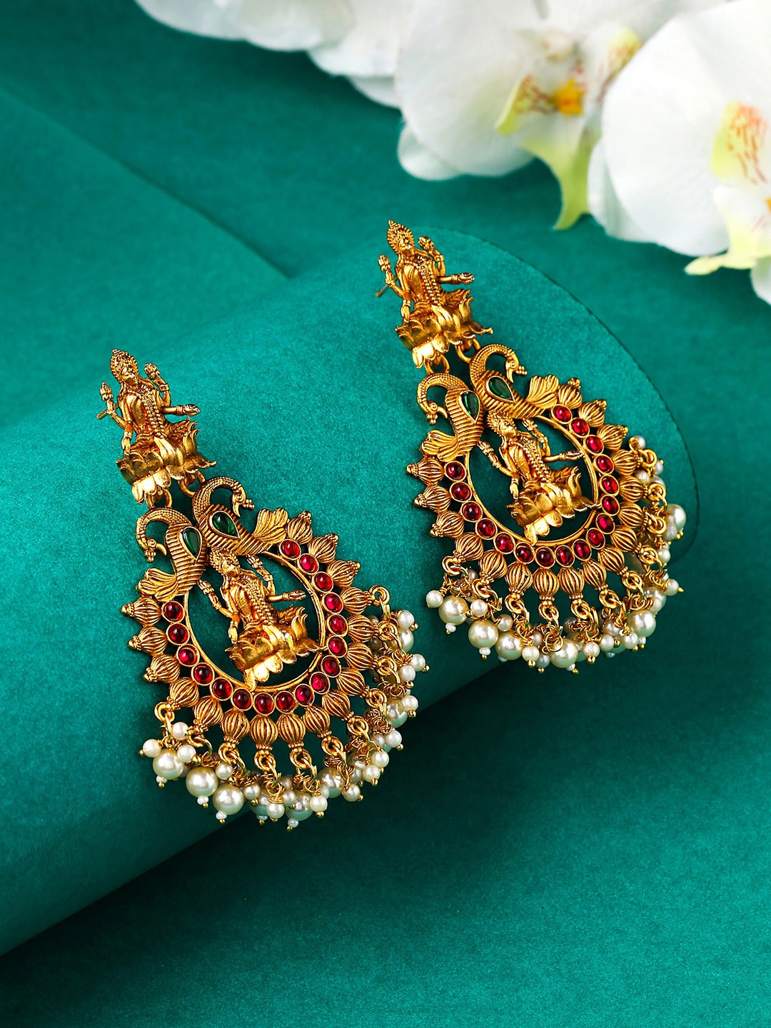 

Yellow Chimes Gold Plated Traditional Beads Temple Drop Chandbali Earrings, White