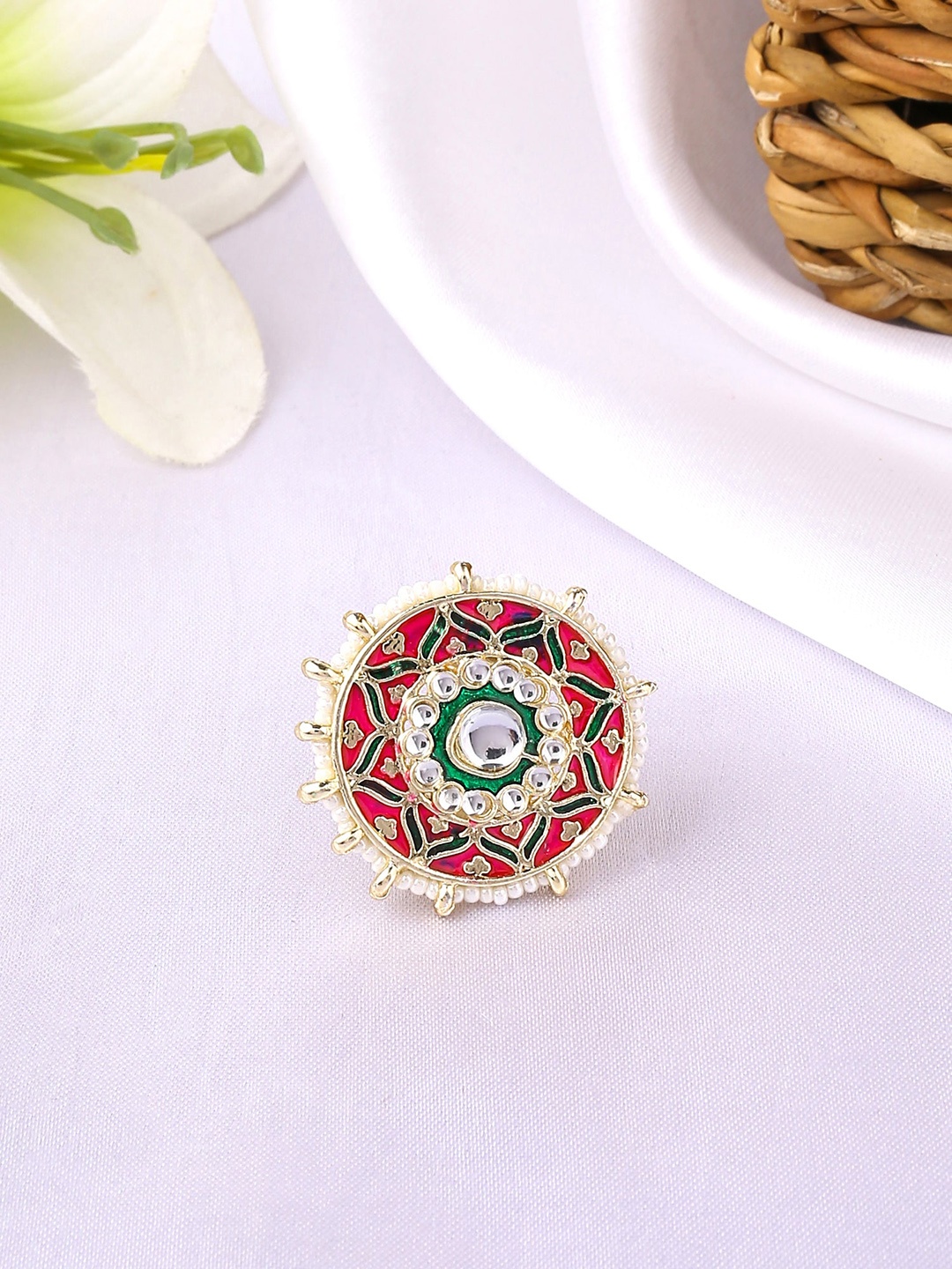 

Yellow Chimes Gold-Plated White & Green Moti Studded Meenakari Designed Finger Ring, Multi