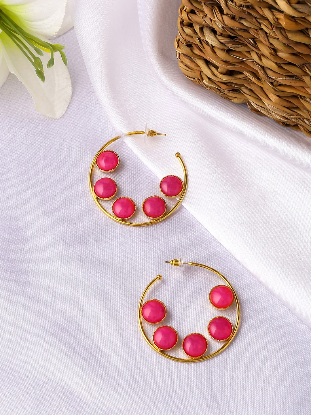 

Yellow Chimes Gold Plated Pink stone Studded Hoop Earrings