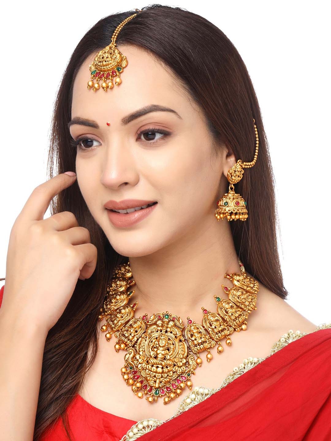 

Yellow Chimes Gold Plated Lakshmi Temple Jewellery Set with Maangtikka
