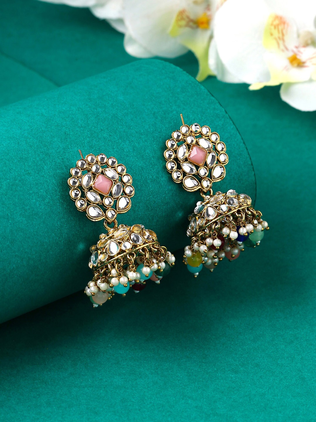 

Yellow Chimes Gold-Plated Contemporary Jhumkas Earrings, Green