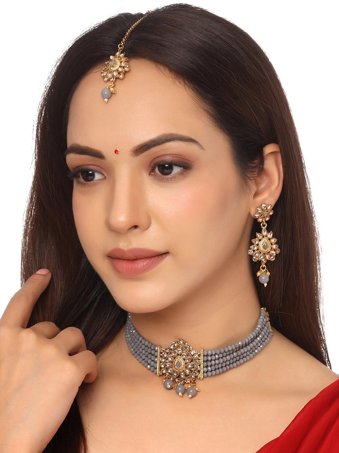 

Yellow Chimes Gold Plated Grey Beaded Chokker Jewellery set with Maangtikka