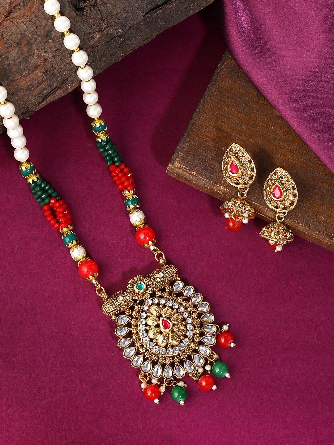 

Yellow Chimes Gold-Toned Green & Red Long Kundan Beaded Charm Jewellery set, Multi