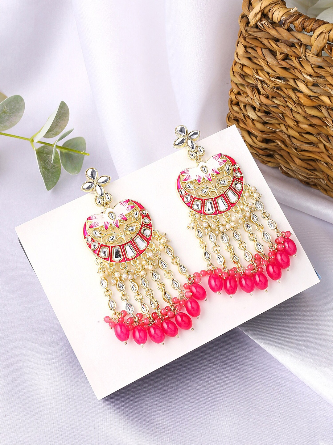 

Yellow Chimes Gold Toned Kundan Studded Pink Beads Long Dangler Earrings