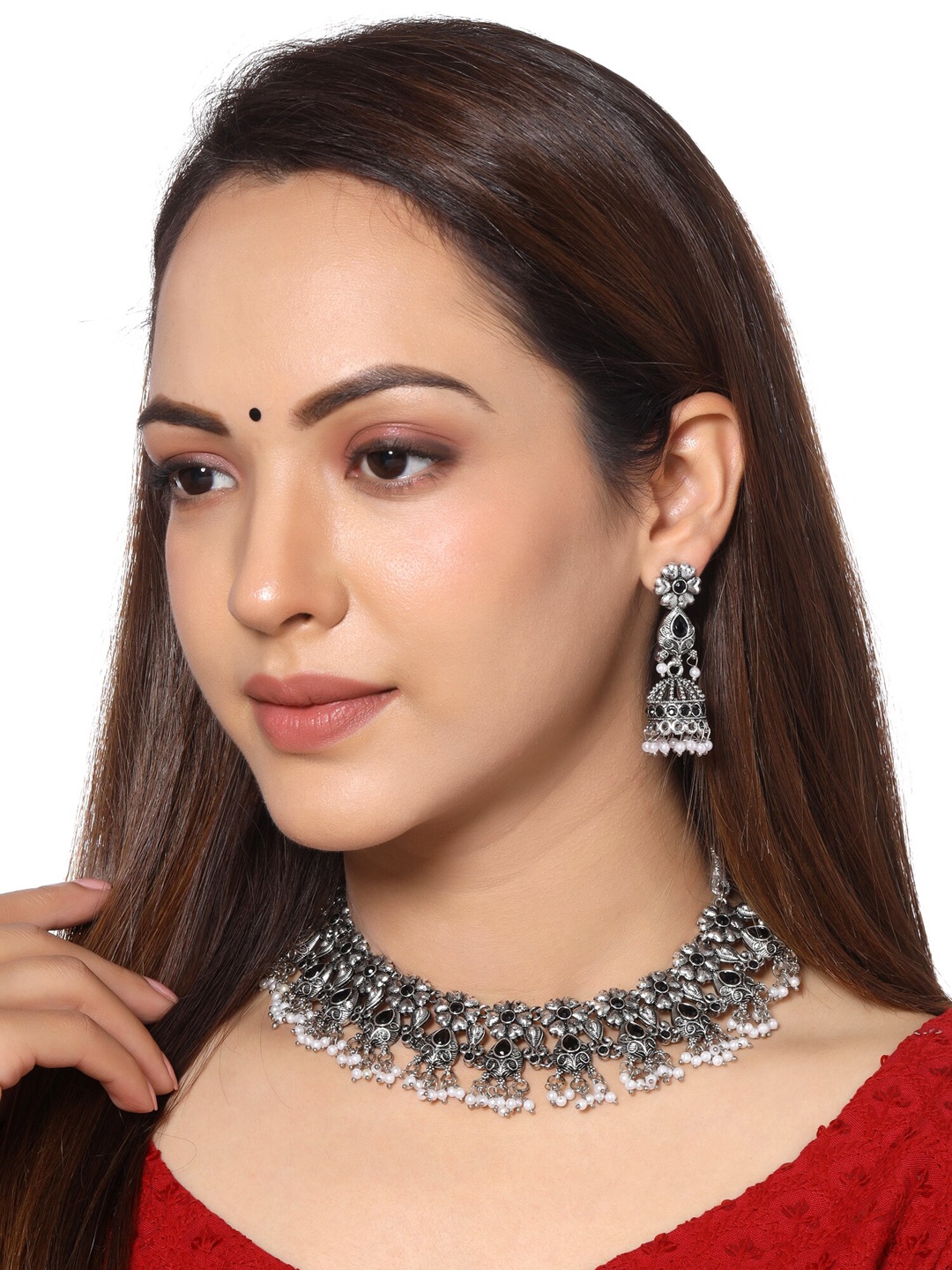 

Yellow Chimes Silver Oxidised Black Stone Studded Floral Hanging Choker Jewellery set